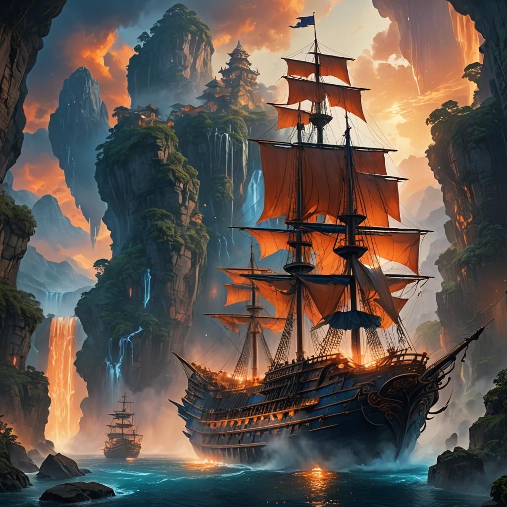 Mysterious Ship in Ethereal Fantasy Landscape