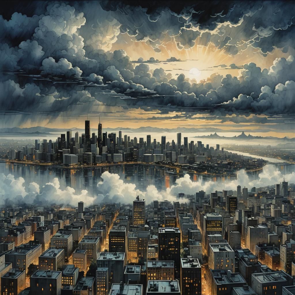 Cyberpunk Cityscape at Dawn, Stormy Skies
