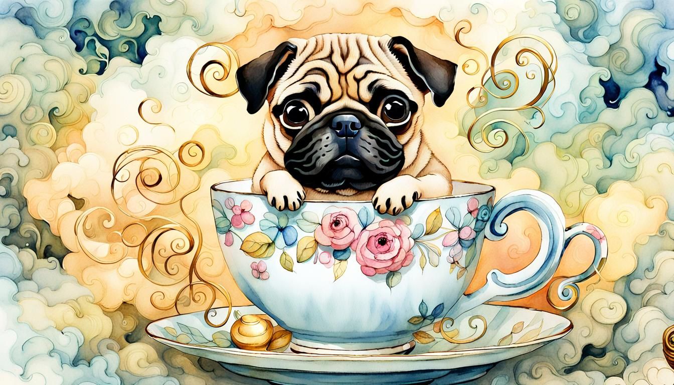 Whimsical Pug in Teacup Watercolor Illustration