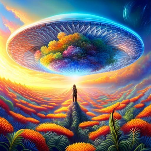 Silver UFO Landing Amidst Colorful Botanical Scene