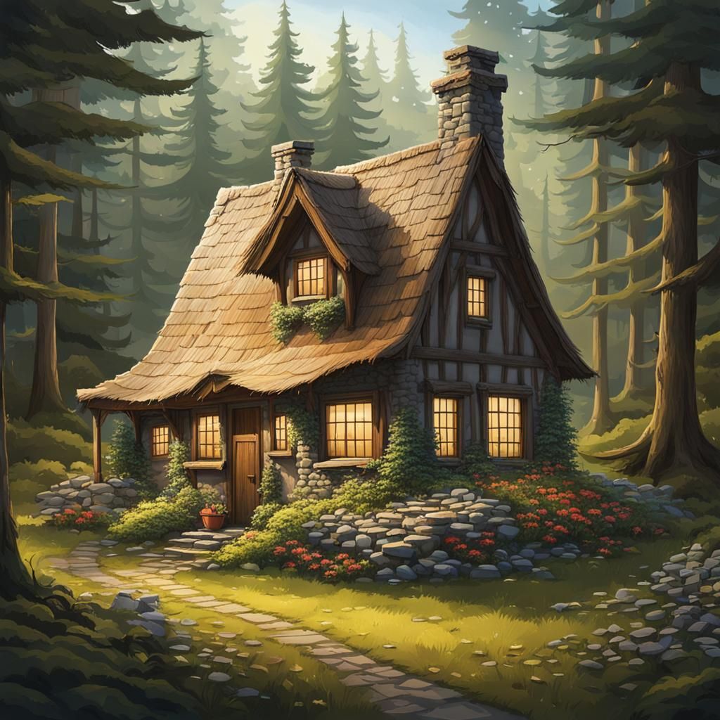 Idyllic Cottage in Forest Scene