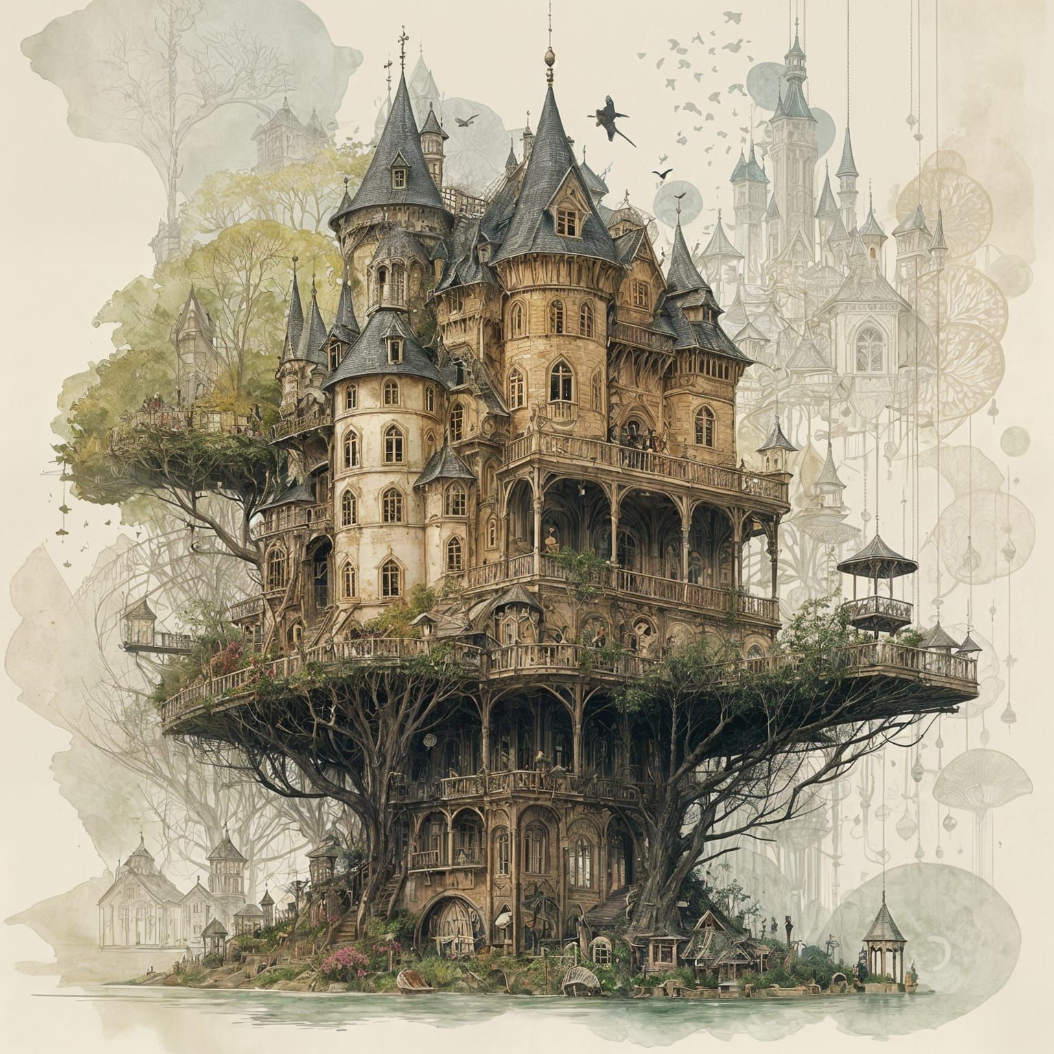 Ornate Birdhouse Double Exposure Illustration