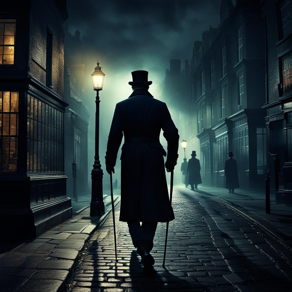 Shadowy Figure in Foggy London Street at Night