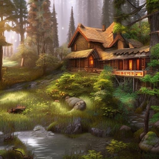 Enchanting Forest Cottage: Detailed Matte Painting