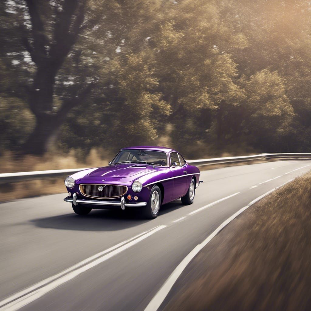 Purple and Gold Volvo P1800 on the Road