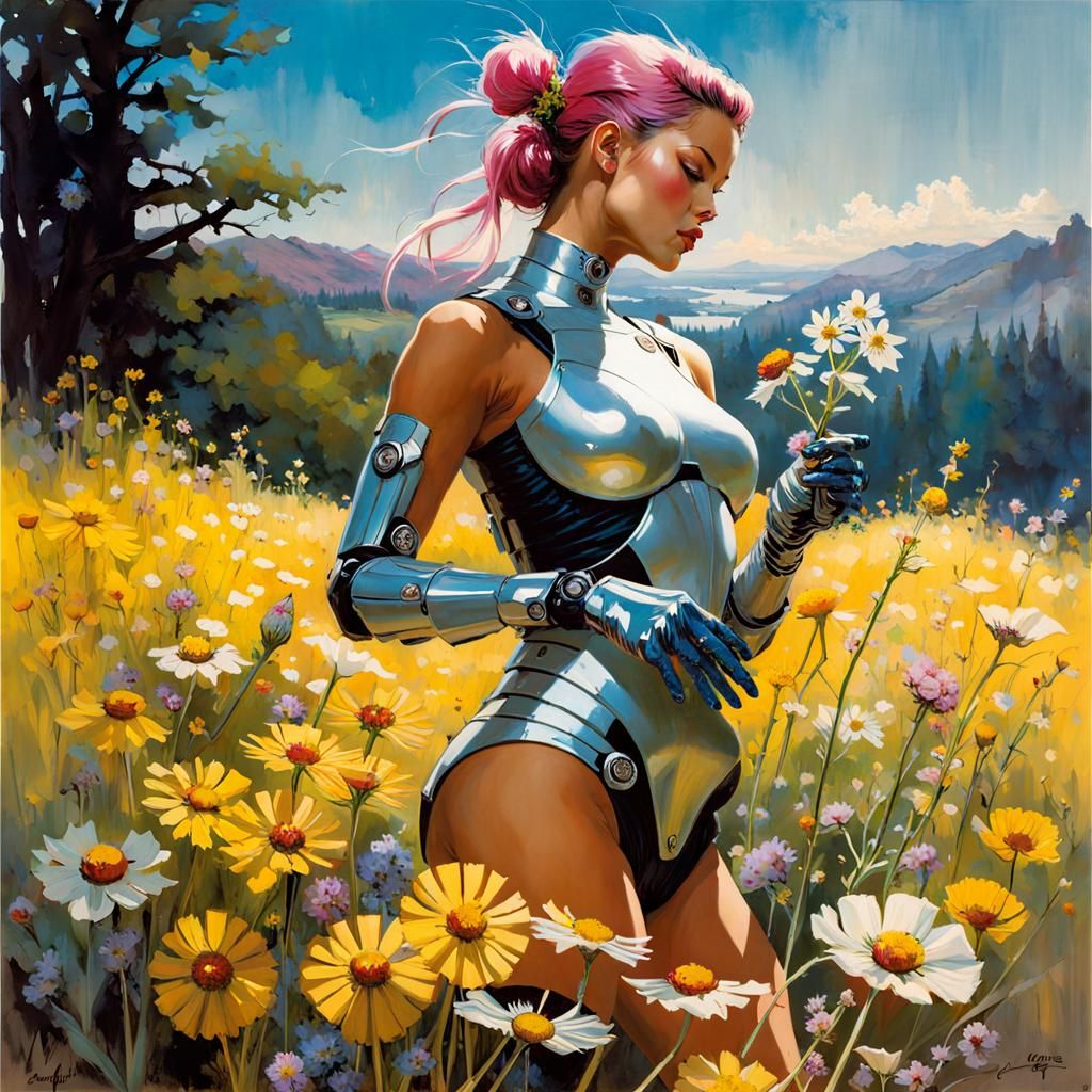 Cyborg Wildflower Picker in Cyberpunk Technicolor