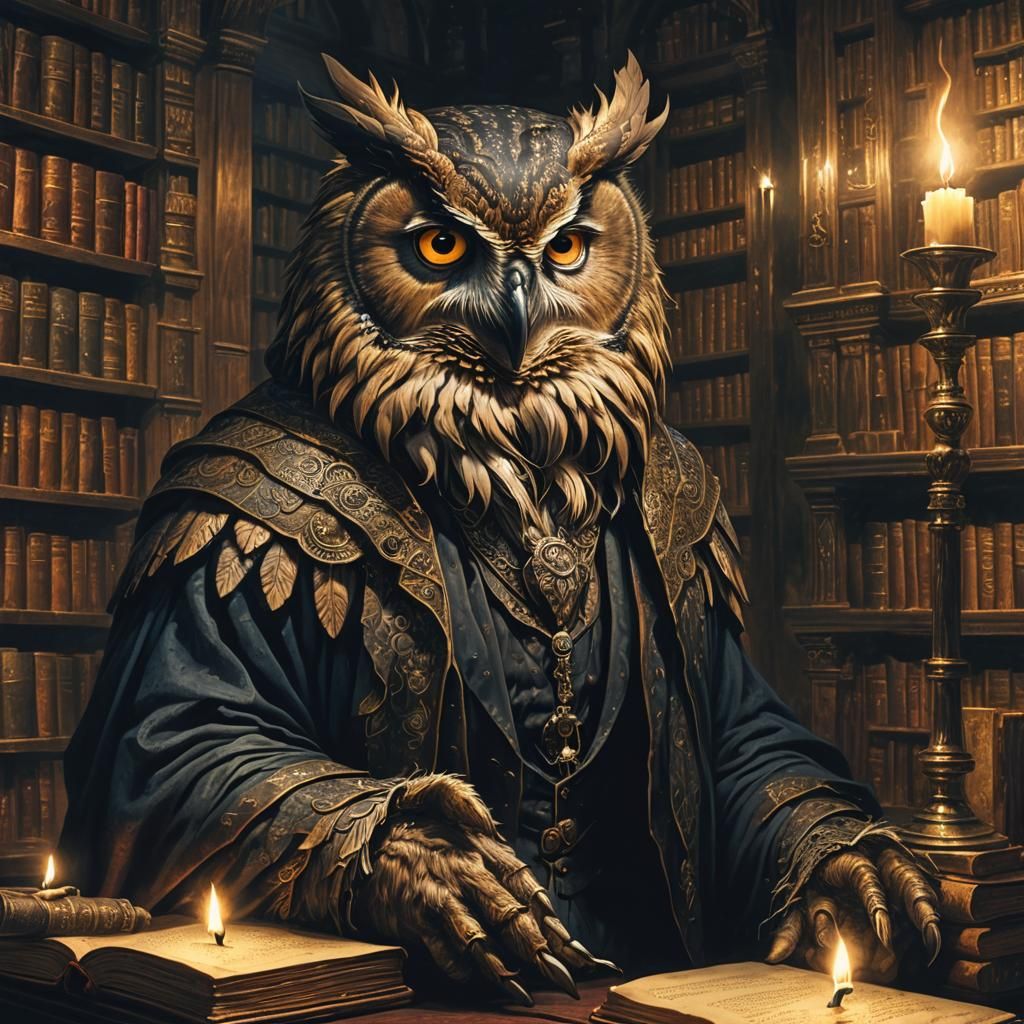 Wise Owl and Elder in Dark Fantasy Library
