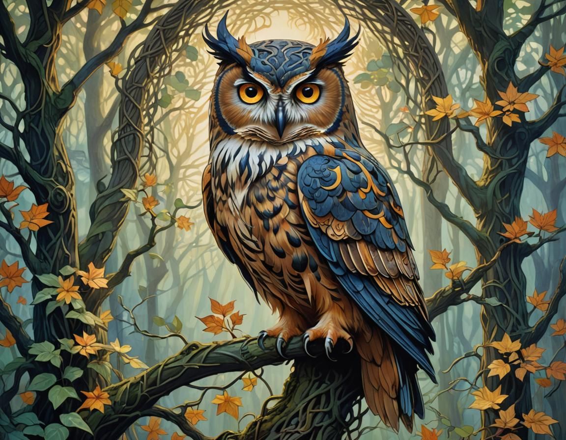 Celtic Owl Goddess in Art Nouveau Style