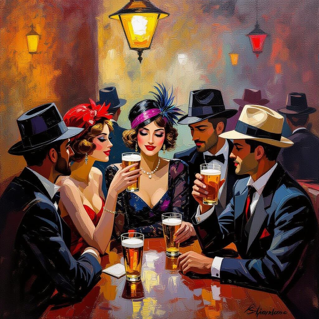 1920s Speakeasy Scene in Expressionist Oil Painting
