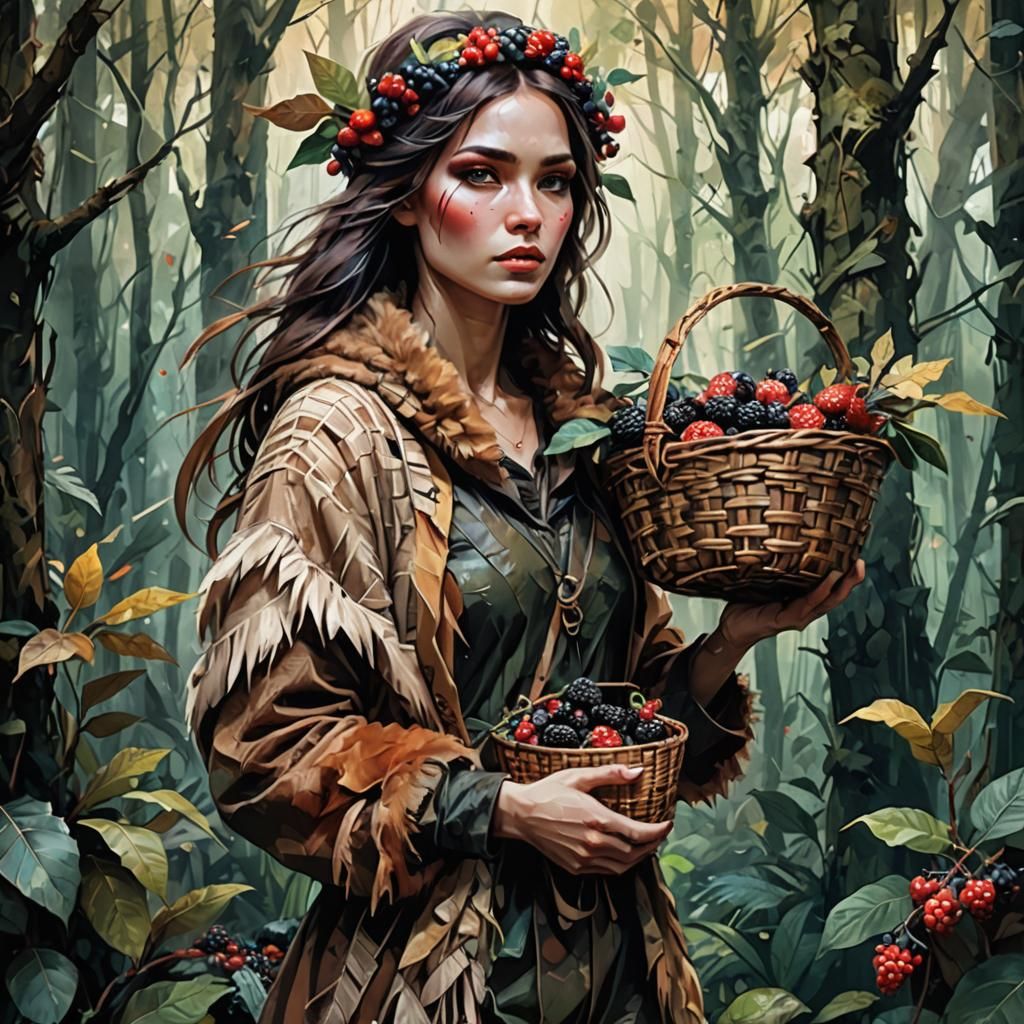 Neolithic Woman Foraging in Lush Forest: Mixed Media Illustr...