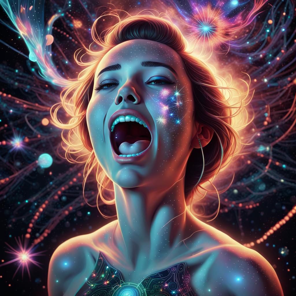 Psychedelic Woman Singing in Cosmic Neon Explosion