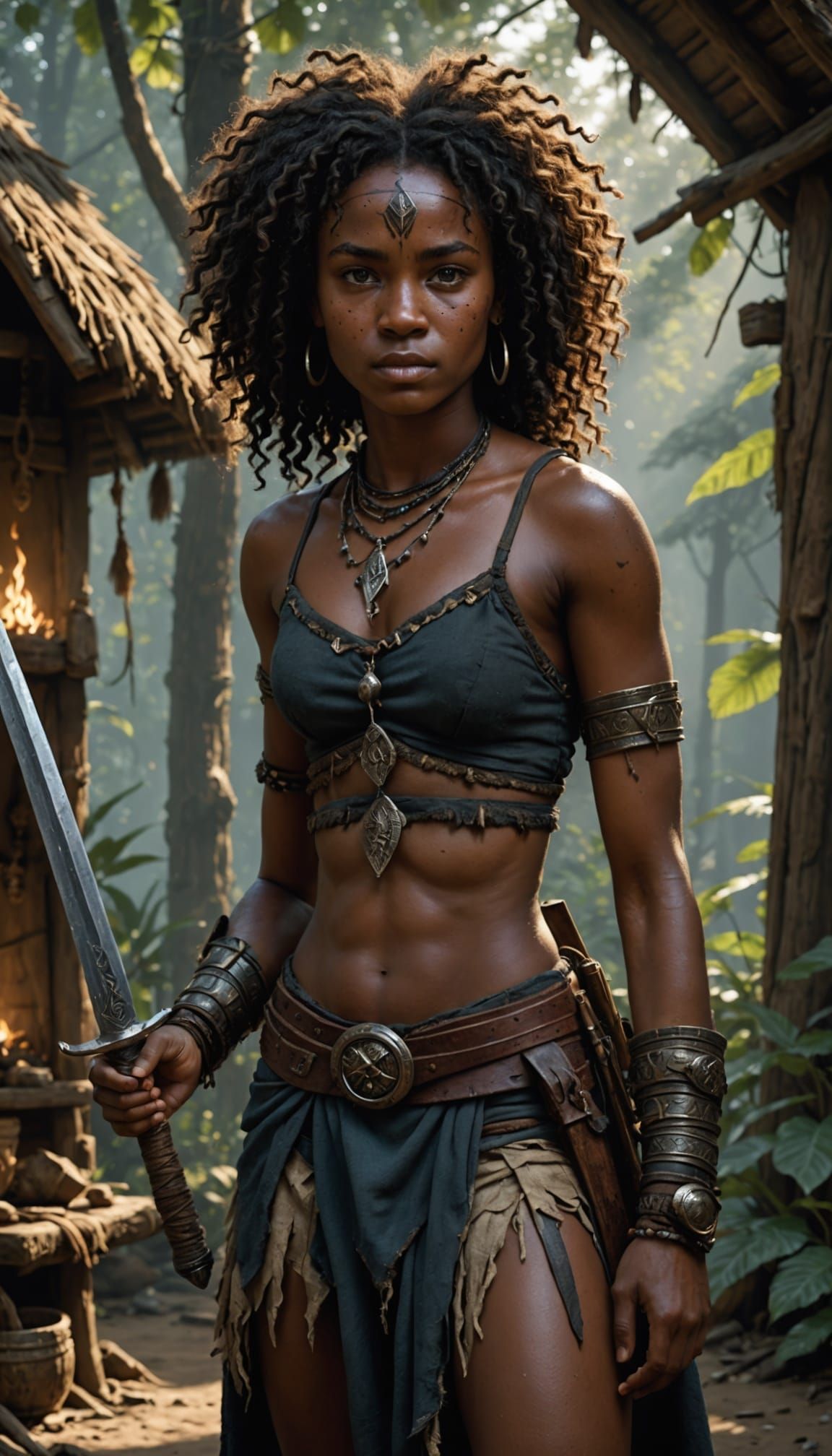 Native Warrior Woman in Hut with Dagger