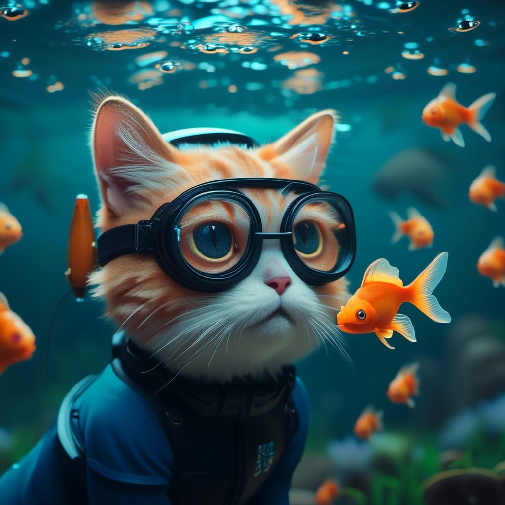 Cat Scuba Diving Adventure: Digital Art