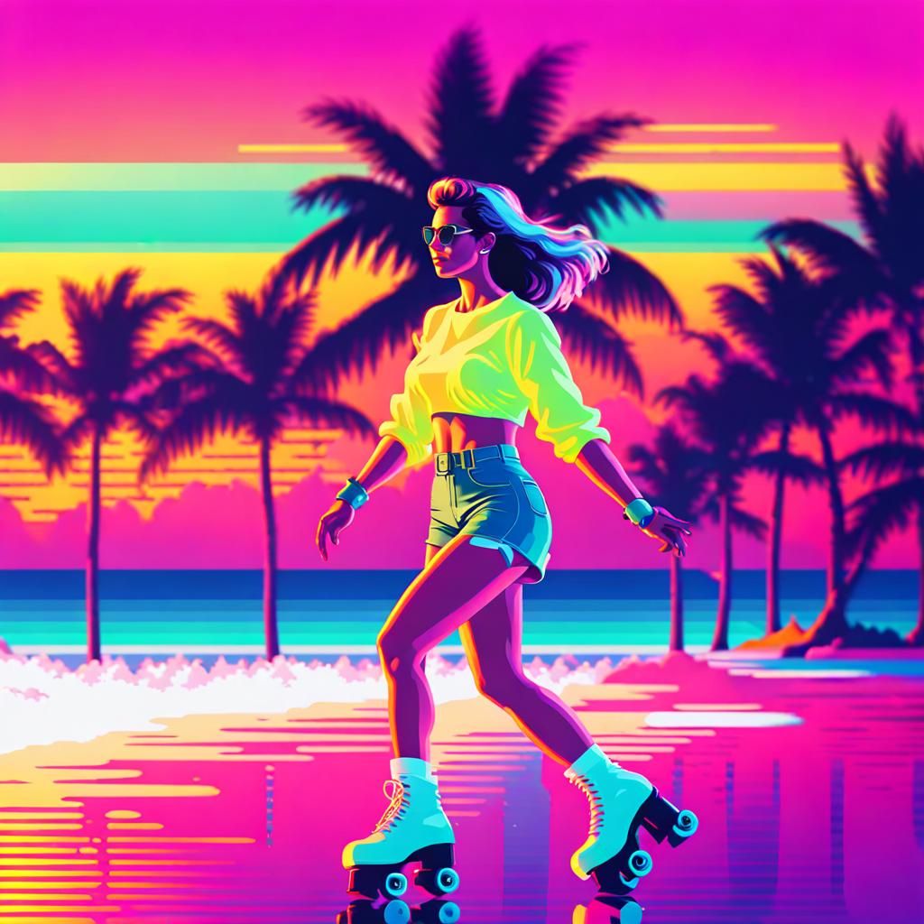 Vaporwave Roller Girl on Miami Beach in 8-bit