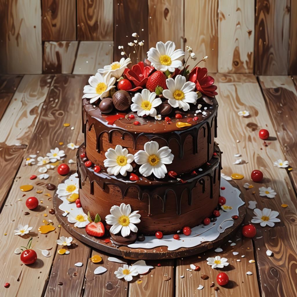 Hyper-Realistic Red Chocolate Cake with Flowers