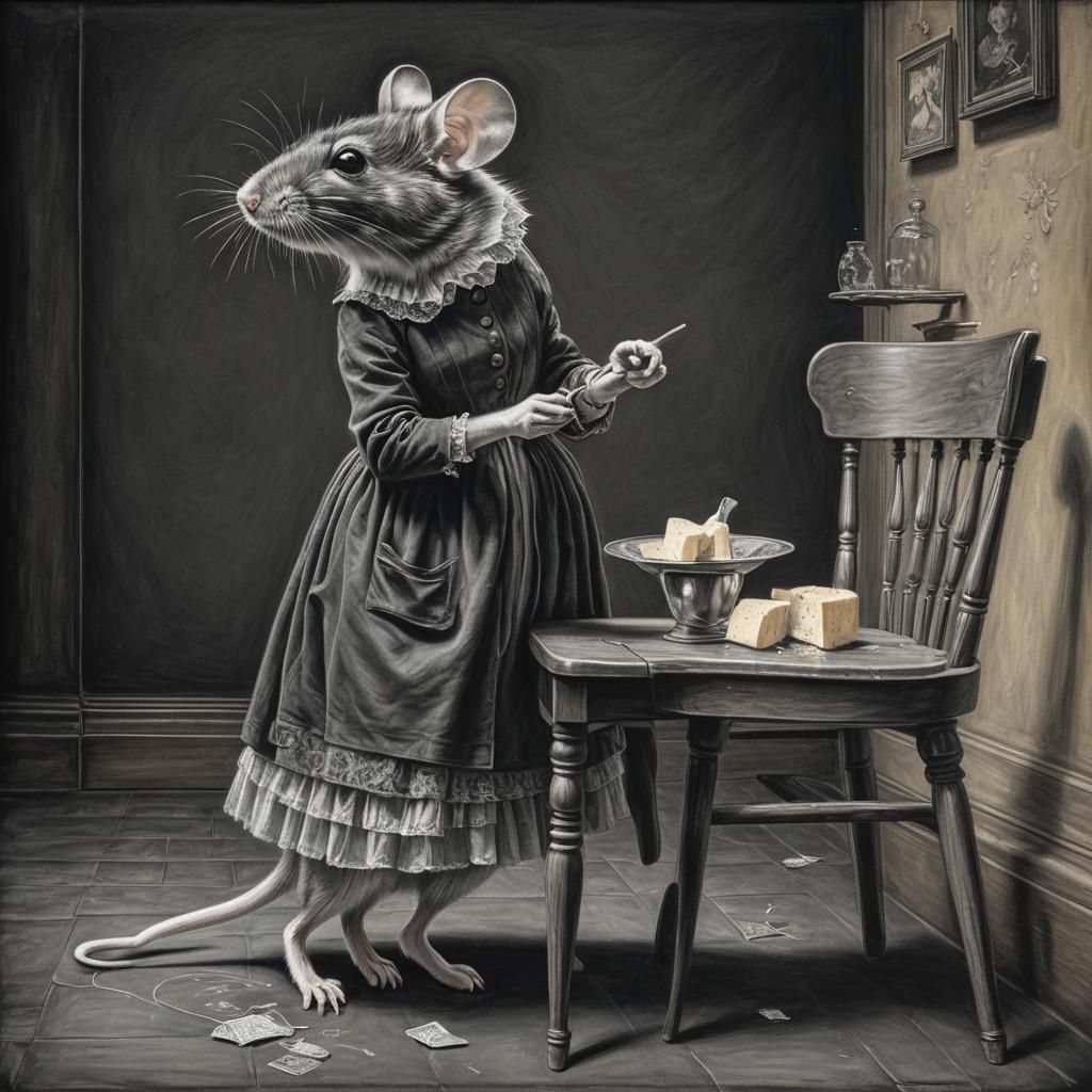 Hyperdetailed Chalk Art: Lady, Chair, and Mouse