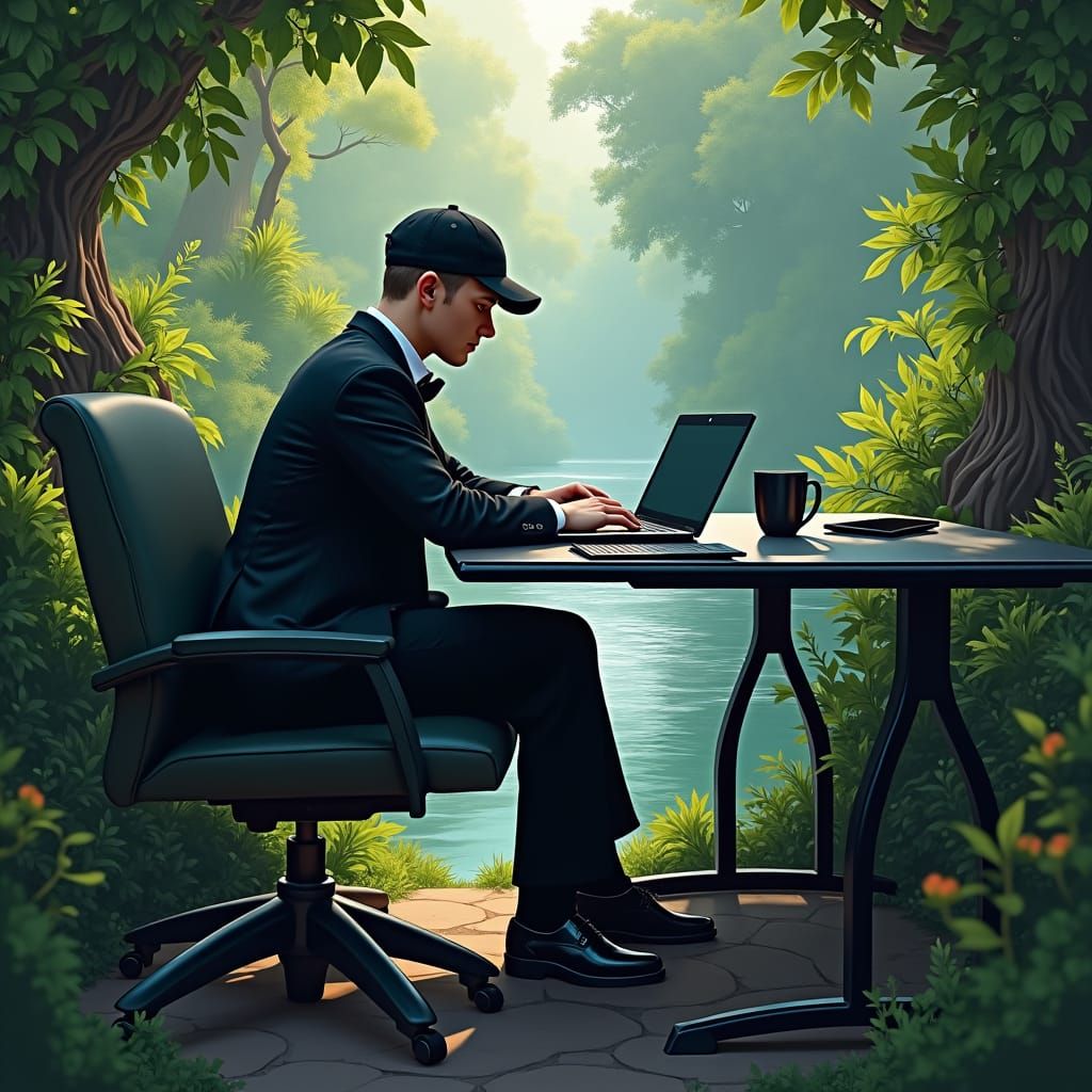 Man in Black Suit Amidst Nature, Matte Painting