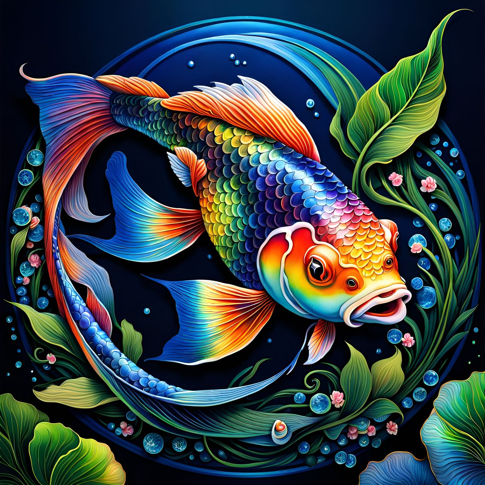 Rainbow Koi Fish in Dark Water
