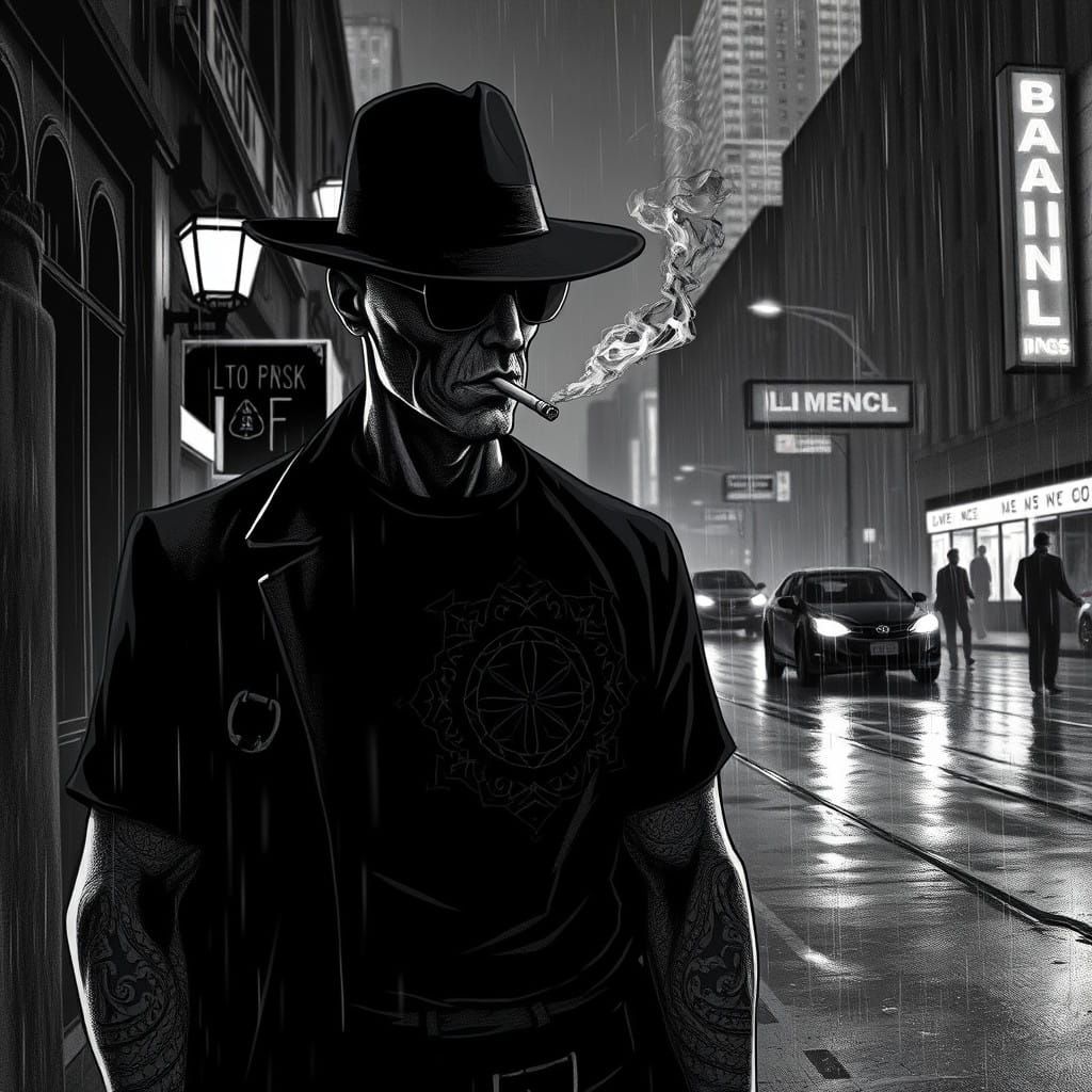 Gritty Mafia Figure in Dark Cityscape, Stippling Style