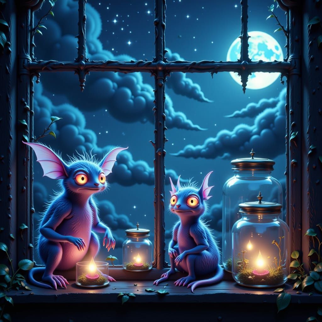 Pastel Monsters in Glass Jars Under Starry Night