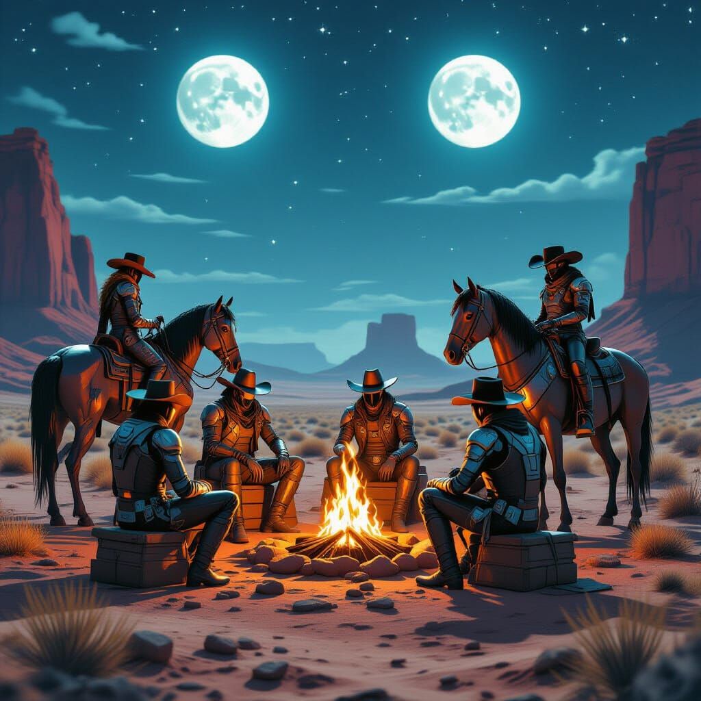 Cybernetic Cowboys Share Stories Under Twin Moons