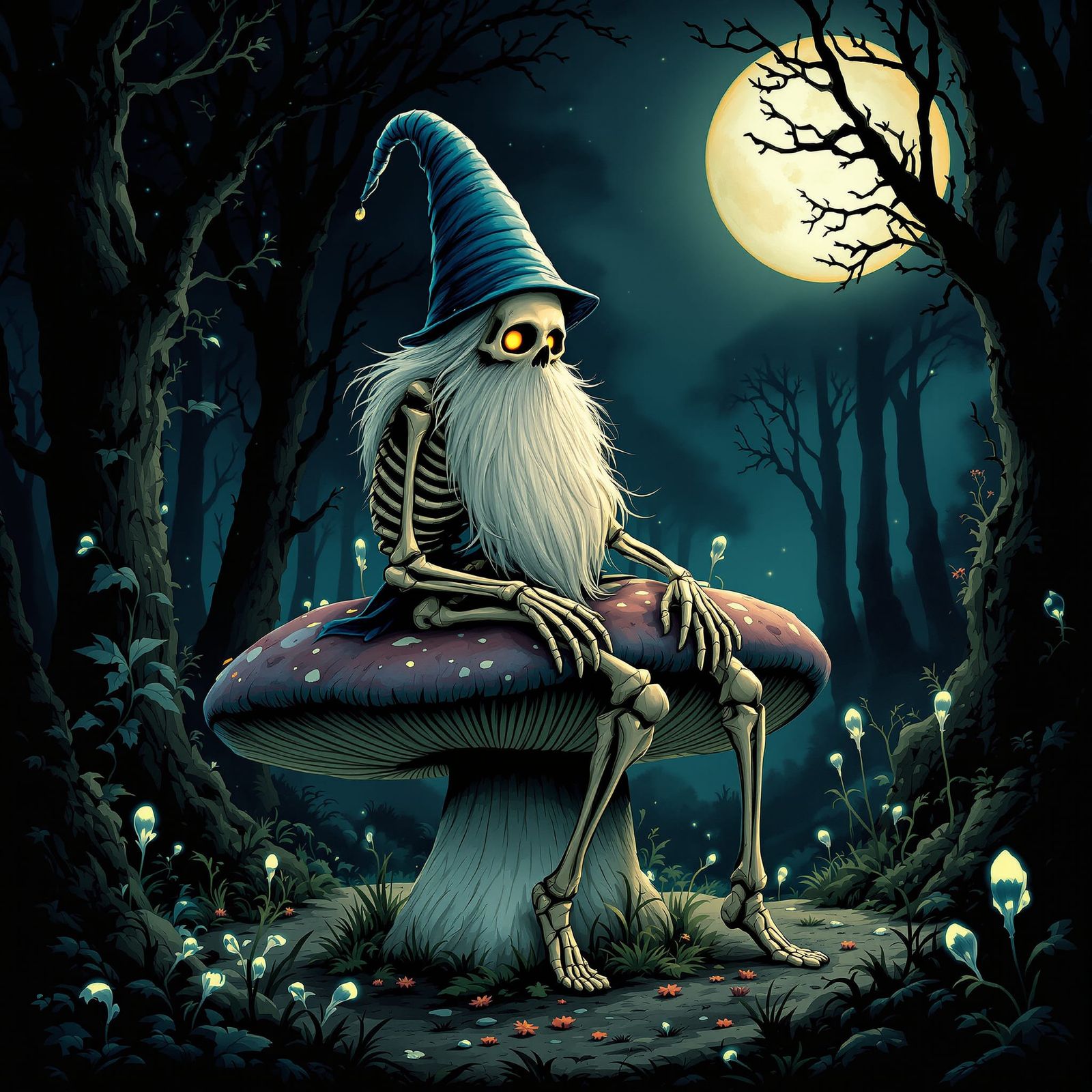 Skeleton Gnome on Mushroom in Moonlit Forest