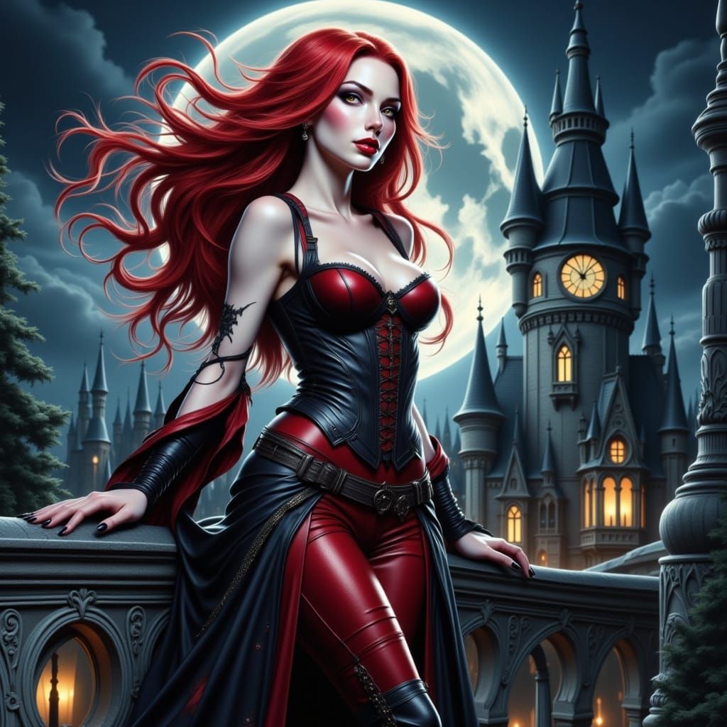 Romantic Watercolor Vampire Lady in Moonlit Castle