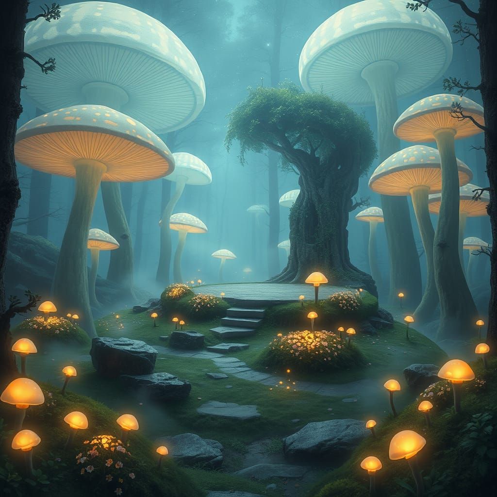 Bioluminescent Mushrooms Illuminate Forest Clearing with Anc...
