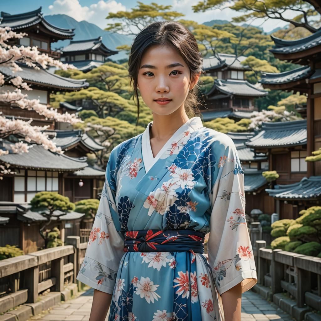 Asian Woman Portrait with Japanese Background