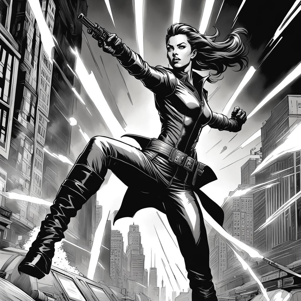 Monochromatic Woman in Action Pose, Comic Book Art