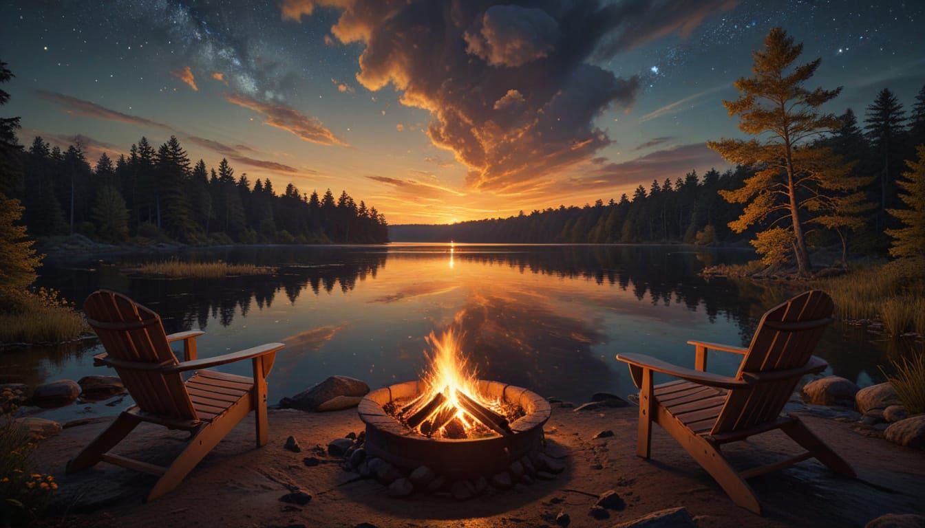 Cozy Campfire on Lake at Night in Oil Painting Style