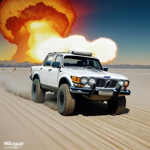1985 Jaguar XJ6 vw Baja Dakar cj7 buggy truck mad max driver in LED roof rack in the background nuclear explosion white ...