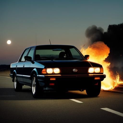 Toyota Car on Fire at Night Under Moon