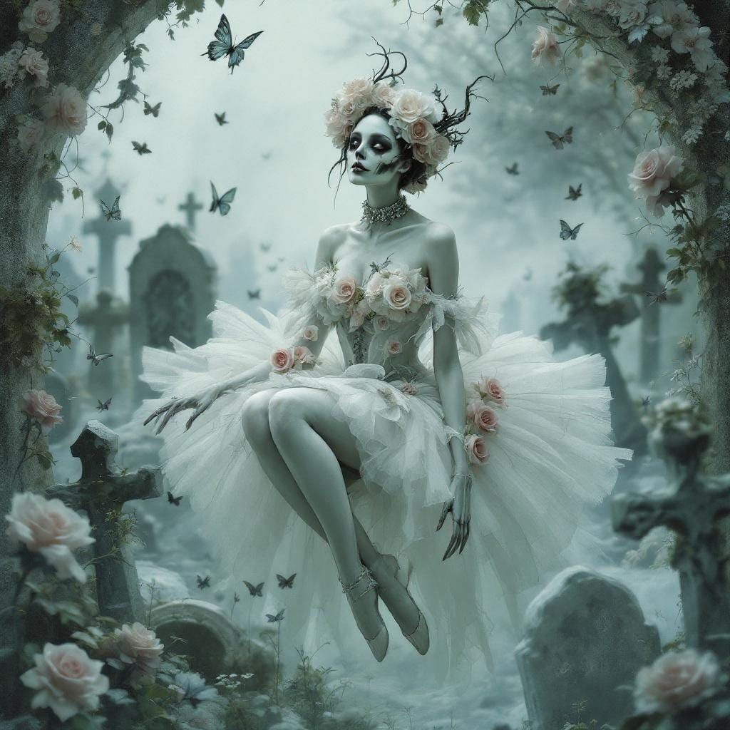 Ethereal Gothic Ballerina with Roses and Butterflies