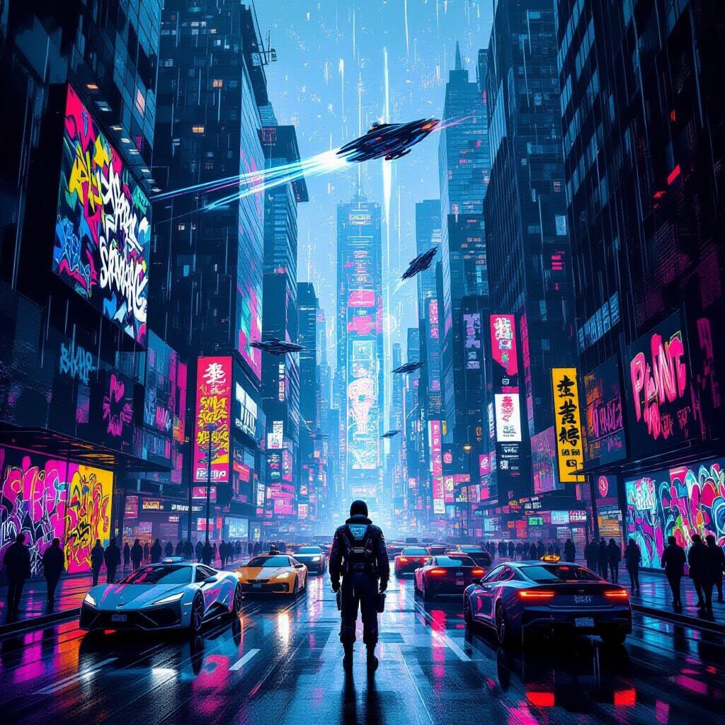 Cyberpunk Graffiti Cityscape with Flying Vehicles and Lone F...