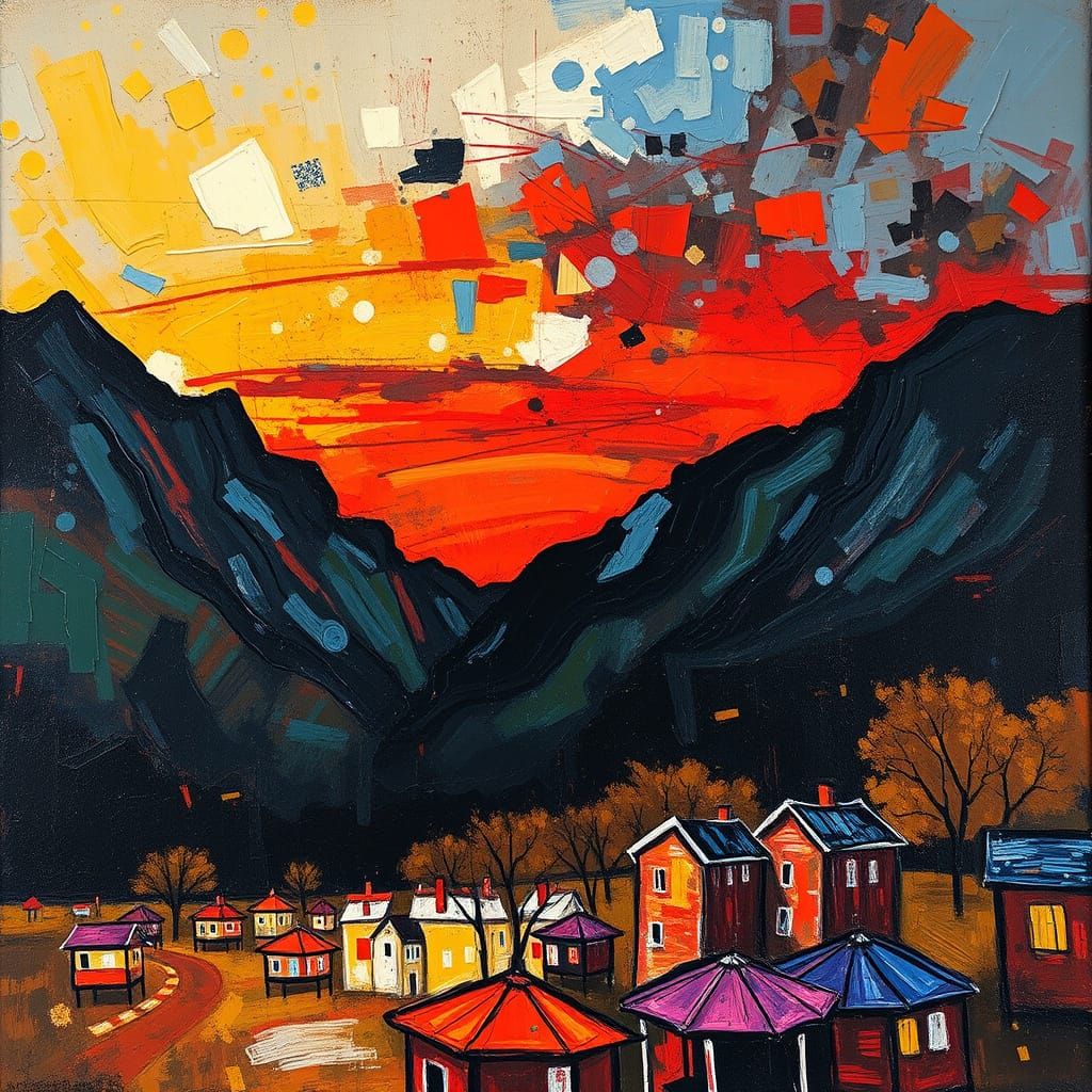 Mountain Sunset in Abstract Expressionist Style