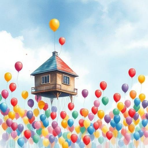 House Flies with Balloons in Watercolor Splash Art