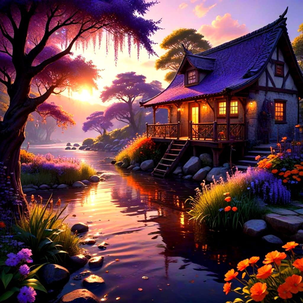 Dreamy Purple and Orange Landscape with Weeping Willows and ...