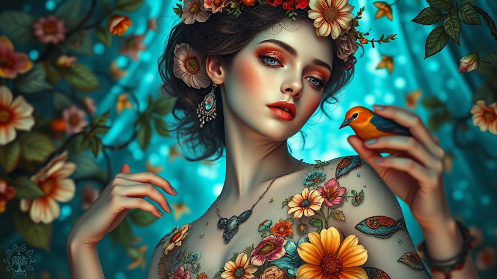 Porcelain Woman Dancing with Flowers in Surrealist Style