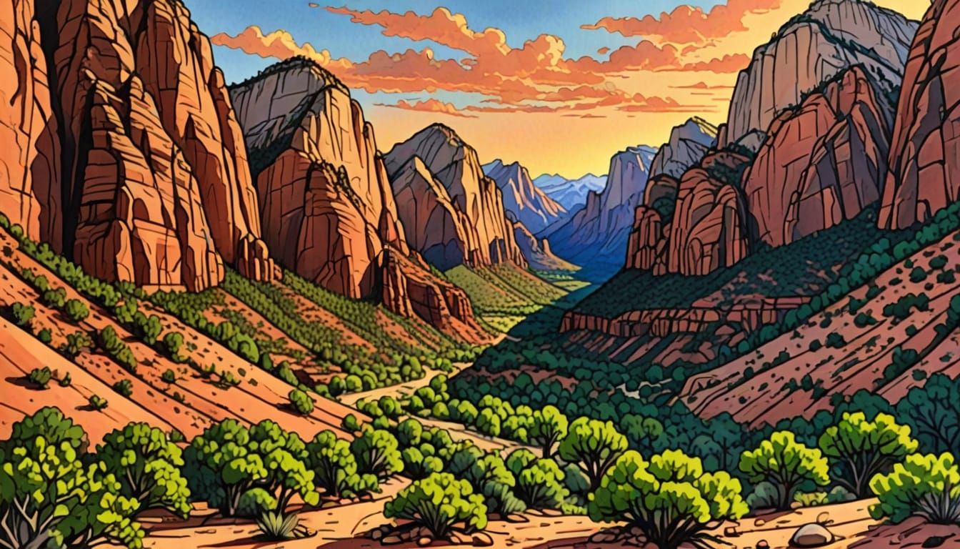 Zion National Park in Vibrant Anime Style