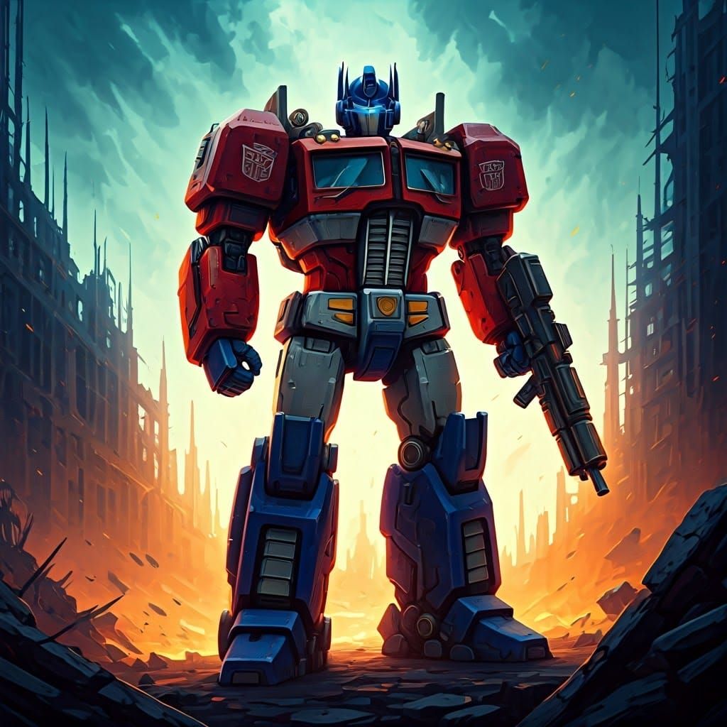 Heroic Robot Warrior in Dystopian Cityscape