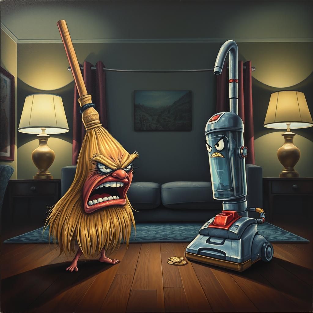 Surrealist Cartoon Showdown: Broom Versus Vacuum