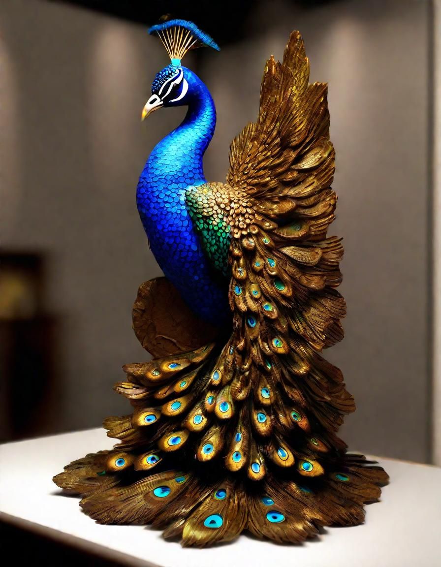 Intricately Carved Peacock Sculpture in Asian Style