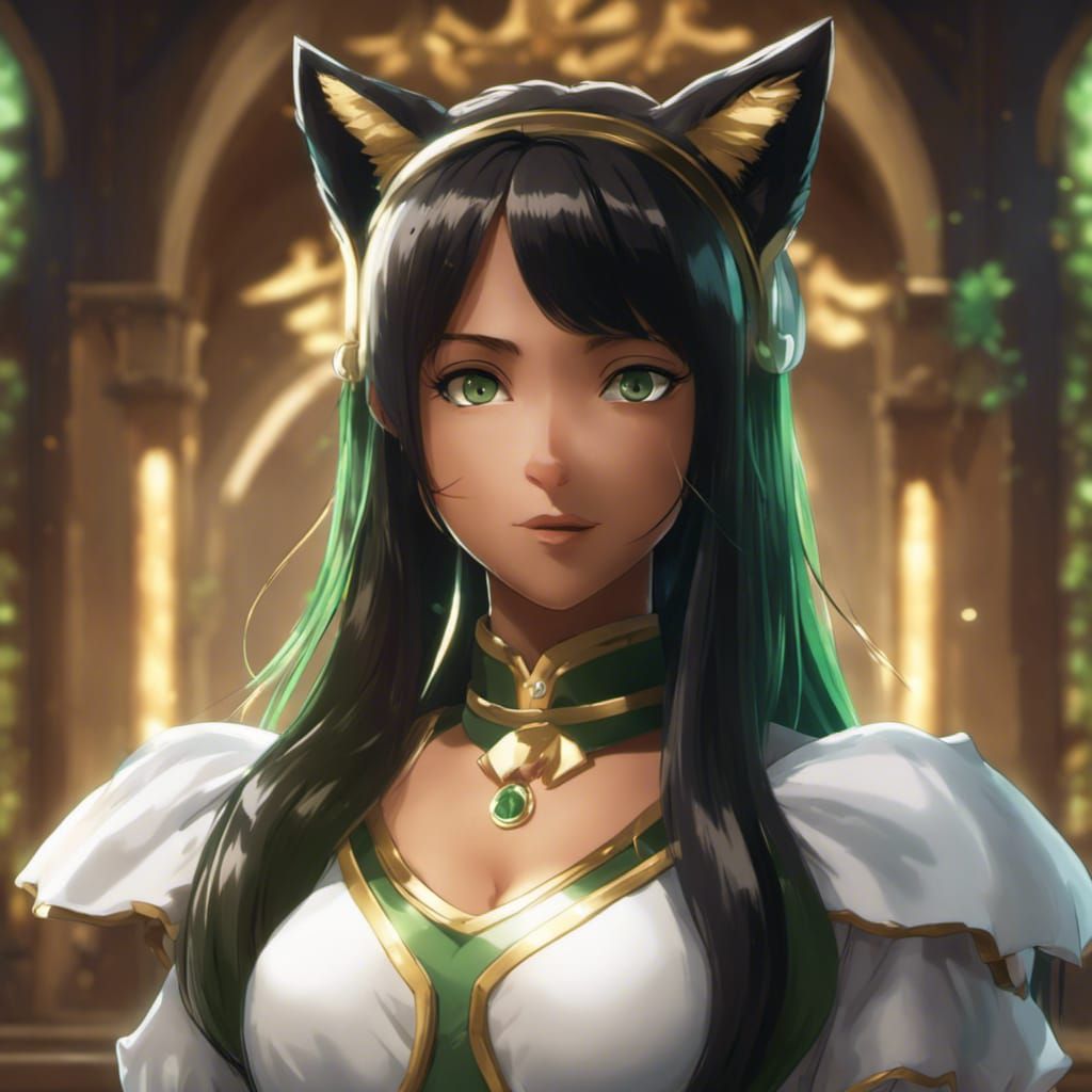 Anime Woman with Cat Features in Ghibli Style