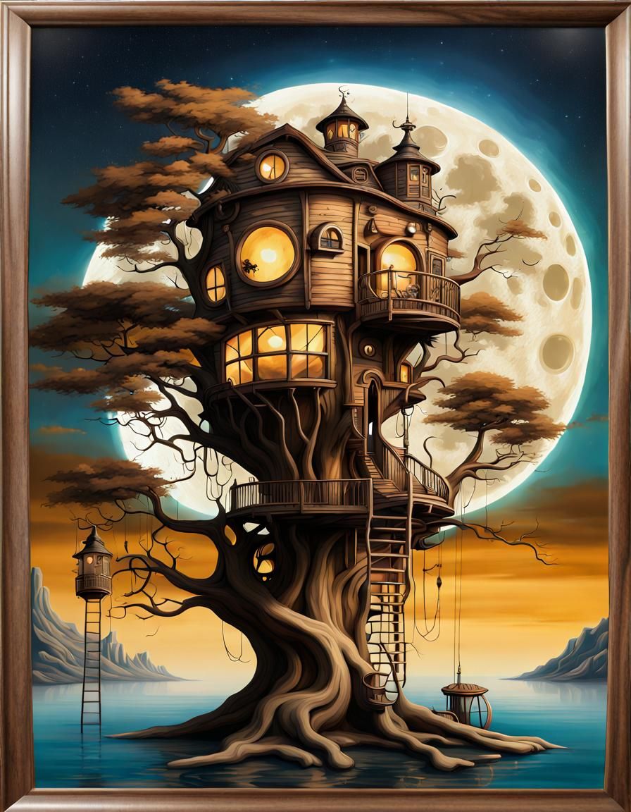 Surreal Steampunk Treehouse Under Moonlight
