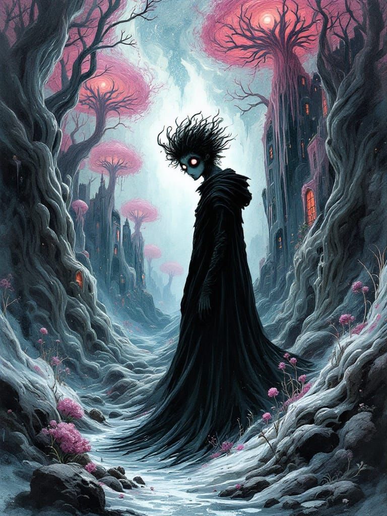 Surreal Figure in a Mystical Dreamscape with Fantastical Tre...