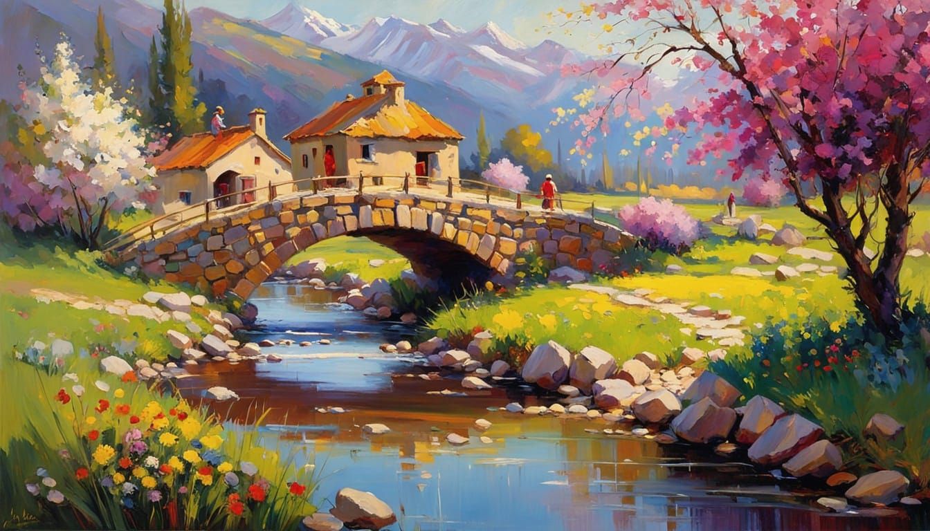 Rustic Spring Scene with Semi-Arched Bridge and Farmer