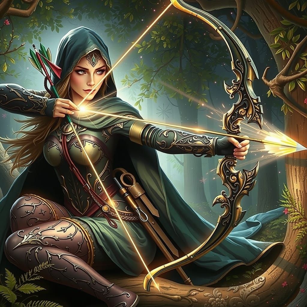 Elven Huntress with Enchanted Bow in Tree Canopy