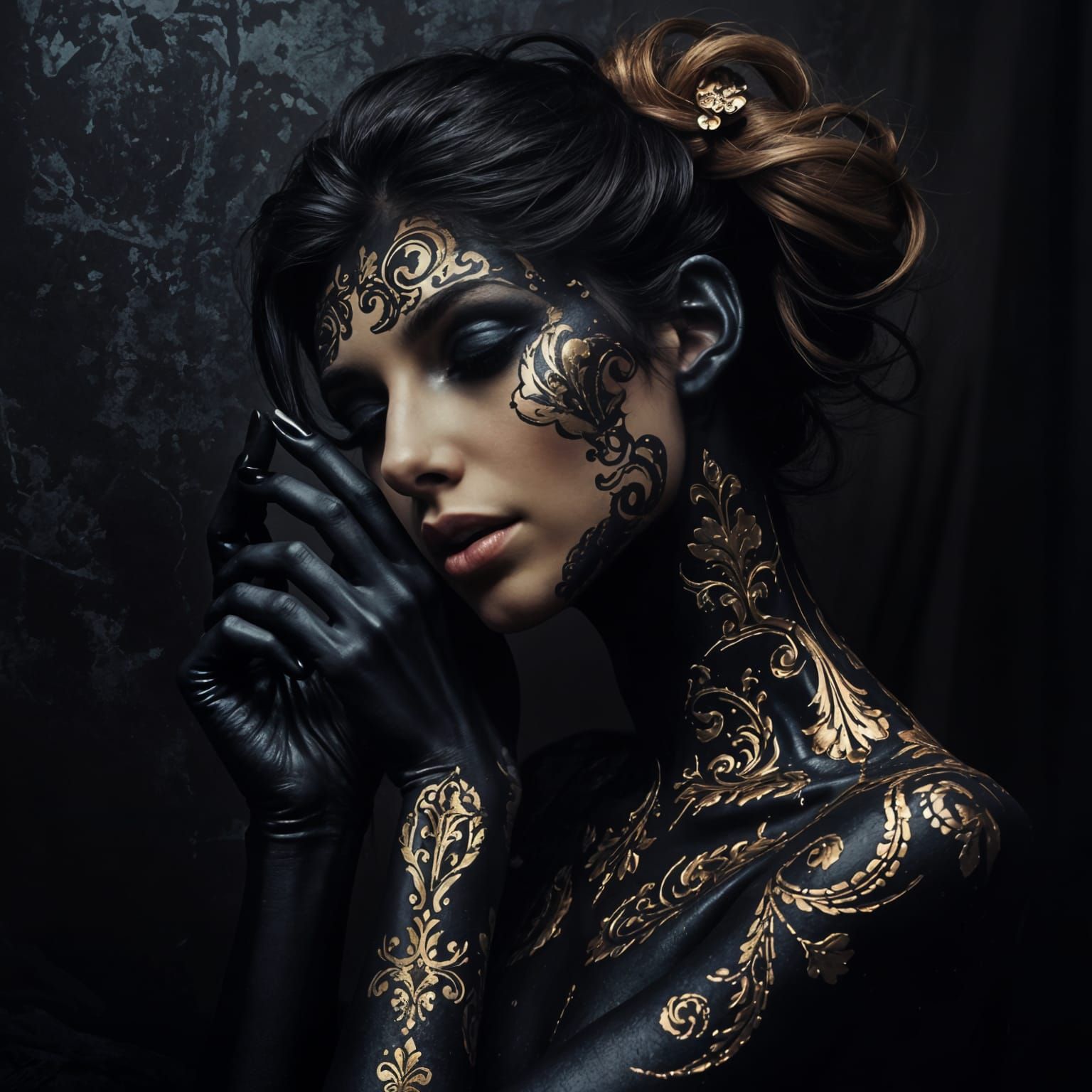 Elegant Woman in Black Paint with Gold Patterns