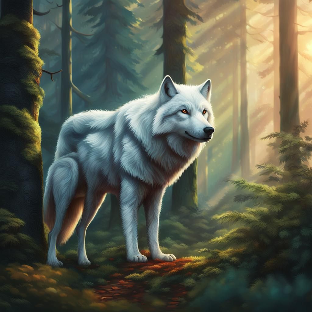 Majestic White Wolf and Cub in Lush Forest Landscape